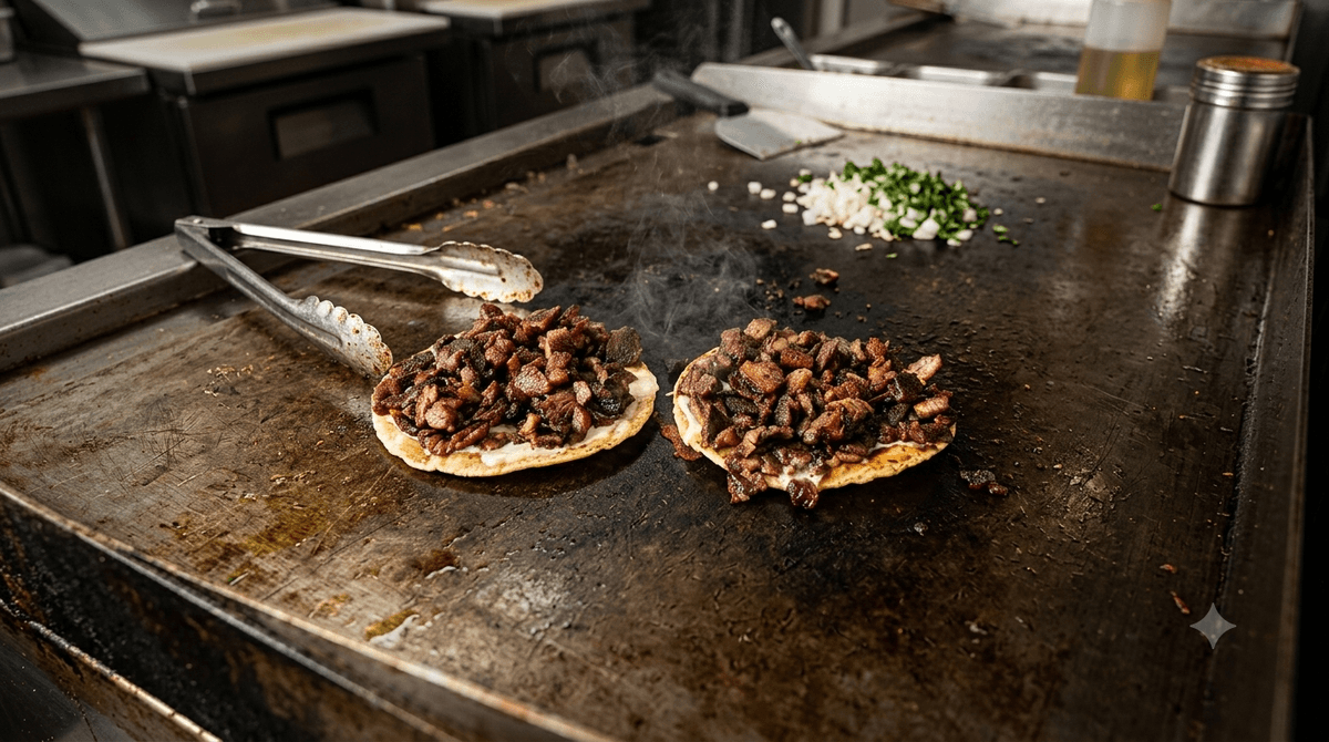 Meat griddling on the flat top at Otros Tacos Más Birria, Goodyear AZ