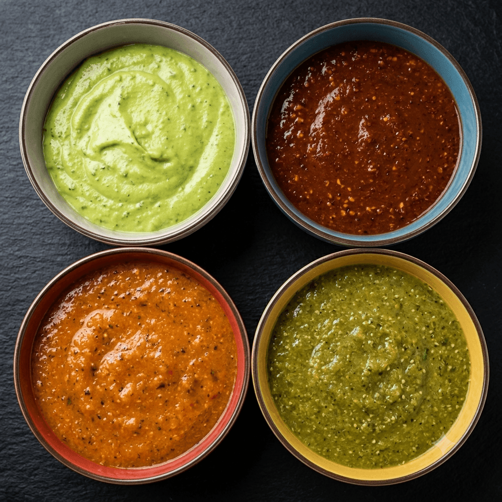 Four fresh house-made salsas in bowls at Otros Tacos Más Birria