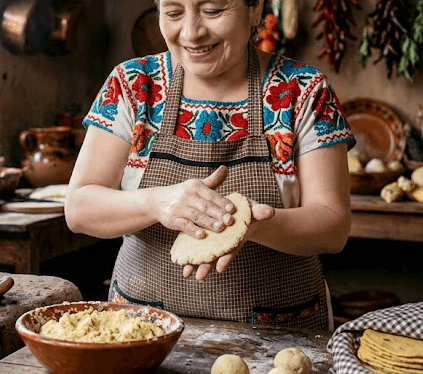 A woman hand-pressing fresh tortillas